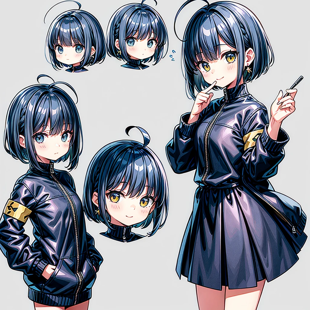 超A high resolution, Best aesthetic, Top quality depiction of the foot, Put on a jacket,  Black and blue hair on the back, Flat Avatar,  Anime visuals of cute girls, Cute art style, chibi,  Shorthair, Ahoge, is shy, A smile, hair adornments,drawing on paper,  simple background, earrings, jewely, side locks, large oval eyes,