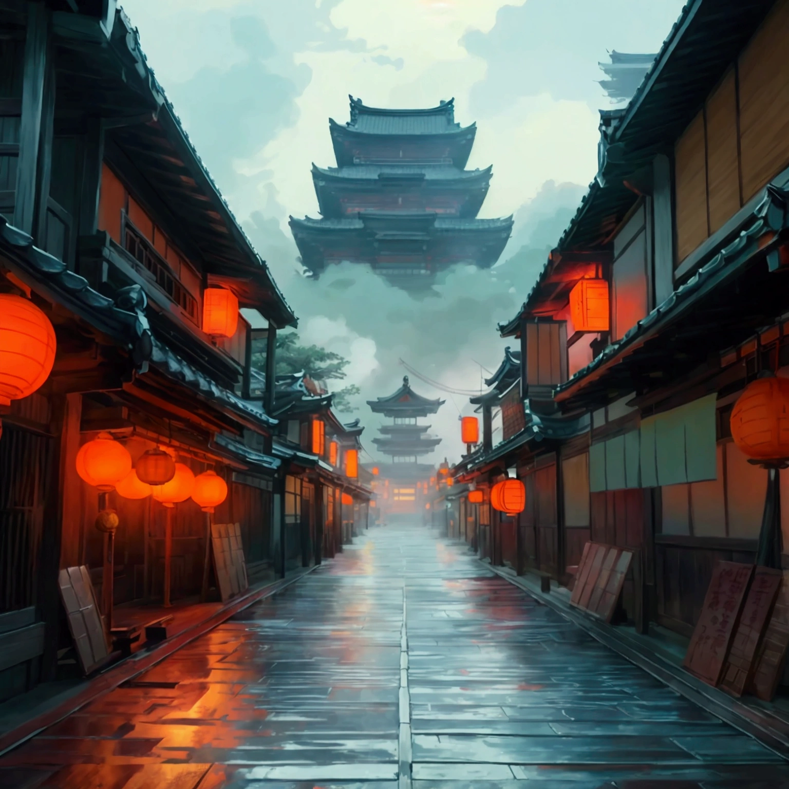 I want a huge ancient Japanese city from the Taisho era. captured in an ultra-realistic full HD 4K portrait, detailed texture showing its menacing shape, Immersive atmosphere, high definition shadow play, digitalpainting, nevoa no environment