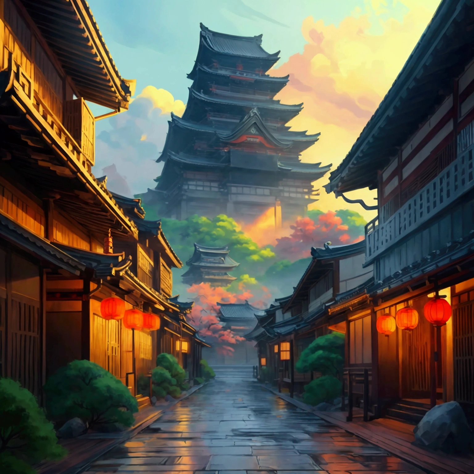 I want a huge ancient Japanese city from the Taisho era. captured in an ultra-realistic full HD 4K portrait, detailed texture showing its menacing shape, Immersive atmosphere, high definition shadow play, digitalpainting, nevoa no environment