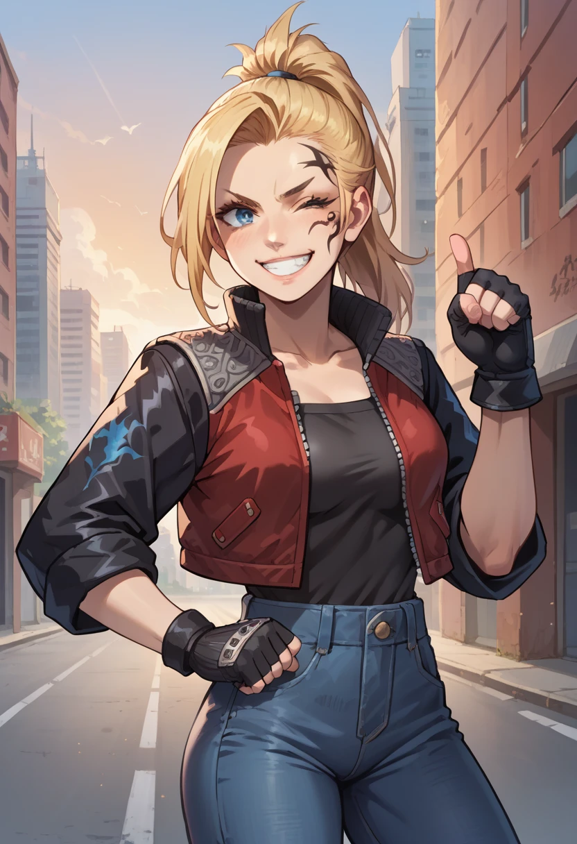 score_9, score_8_up, score_7_up, 1girl, solo, (female:1.5), female focus, female body, solo, zell, solo, blue eyes, gloves, jacket, blonde hair, long hair, medium ponytail, tattoo, gloves, facial tattoo, red jacket, black jacket, two-colours jacket, black shirt, fingerless gloves, denim, standing, grin, winking, single thumbs up, looking at you, city,