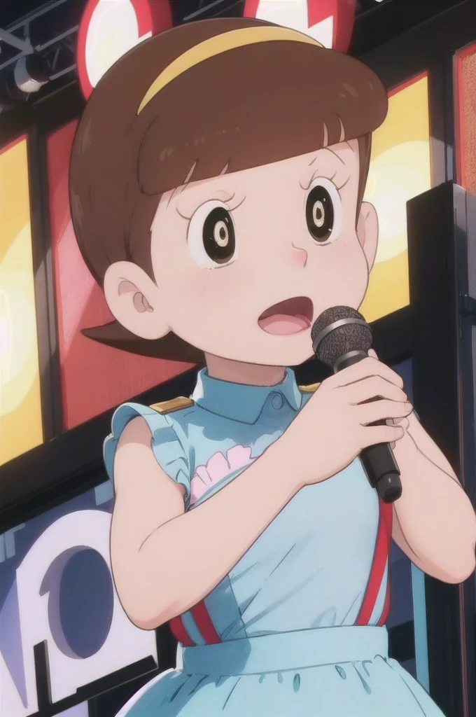 a beautiful idol girl hoshinosumire singing on stage, 1980s retro art style, 1990s style, detailed facial features, long eyelashes, detailed dress, cute expression, audience watching, best quality, 4K, 8k, highres, masterpiece, ultra-detailed, realistic, photorealistic, vivid colors, studio lighting, sharp focus, physically-based rendering, Full body image, Singing without a microphone, 5 heads and a good figure, I'd like to make my breasts a little bigger,Expression full of pleasure,