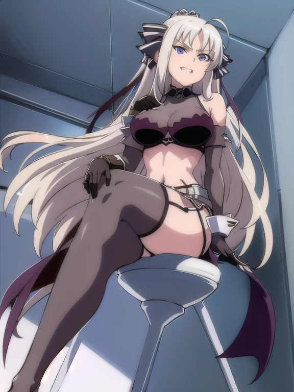 prison, concrete wall, concrete floor, ((bare shoulders)), ((black bustier)), ((black stockings)), ((black g-string)), ((black high heels)), ((black garter belt)), ((black elbow gloves)), ((chair)), ((female sitting in a chair)), ((evil grin)), (((((from below))))), looking at viewer, ass pov, ((((looking down)))), ((glare at)),
One girl, Long Hair, Purple eyes, chest, Ahoge, very Long Hair, large breasts, ribbon, hair ribbon, ponytail, bangs,