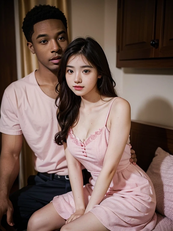 17 year old girl((sit)) ((cute)), wearing pink dress cleavage, with black man bf in her side