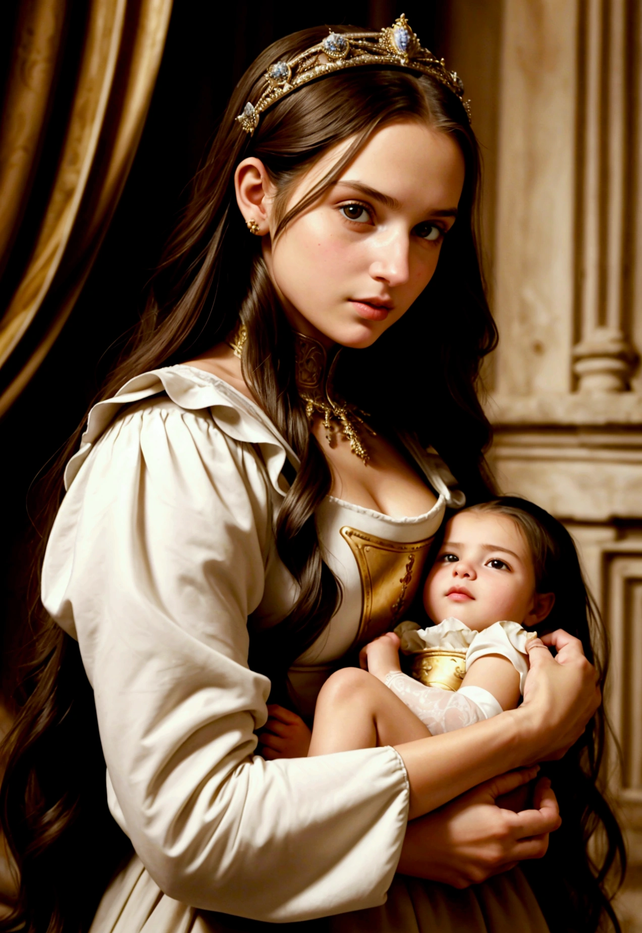 melhor qualidade,10,Altas,Ultra-detalhe,retrato,Beautiful girl with long hair holding baby,Uma aristocracia robusta.,medieval,,detailed facial features,Expressive eyes and lips,cores ricas,soft-lighting