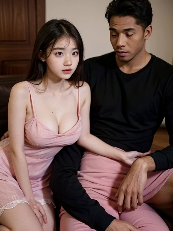 17 year old girl((sit))((baby face)), wearing pink dress cleavage, with black man bf in her side
