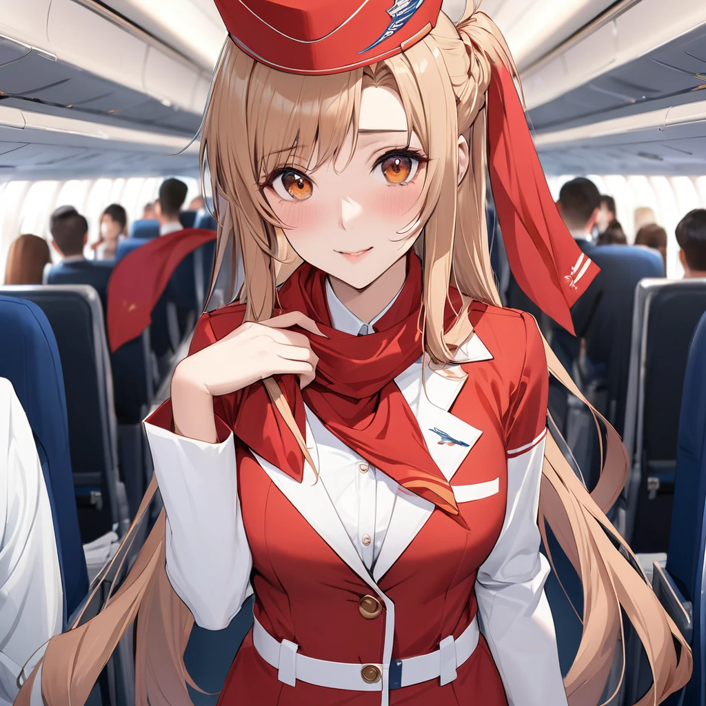((Highest quality)), ((masterpiece)), (detailed), （Perfect Face）、The woman is Yuuki Asuna, a flight attendant for Shandong Airlines, a Chinese woman with light brown, medium-long hair.、The woman is wearing a red Shandong Airlines flight attendant uniform, a uniform scarf and a uniform hat.、She is wearing the bright red uniform that is so typical of China.、Flight attendants were photographed gathering in a line.