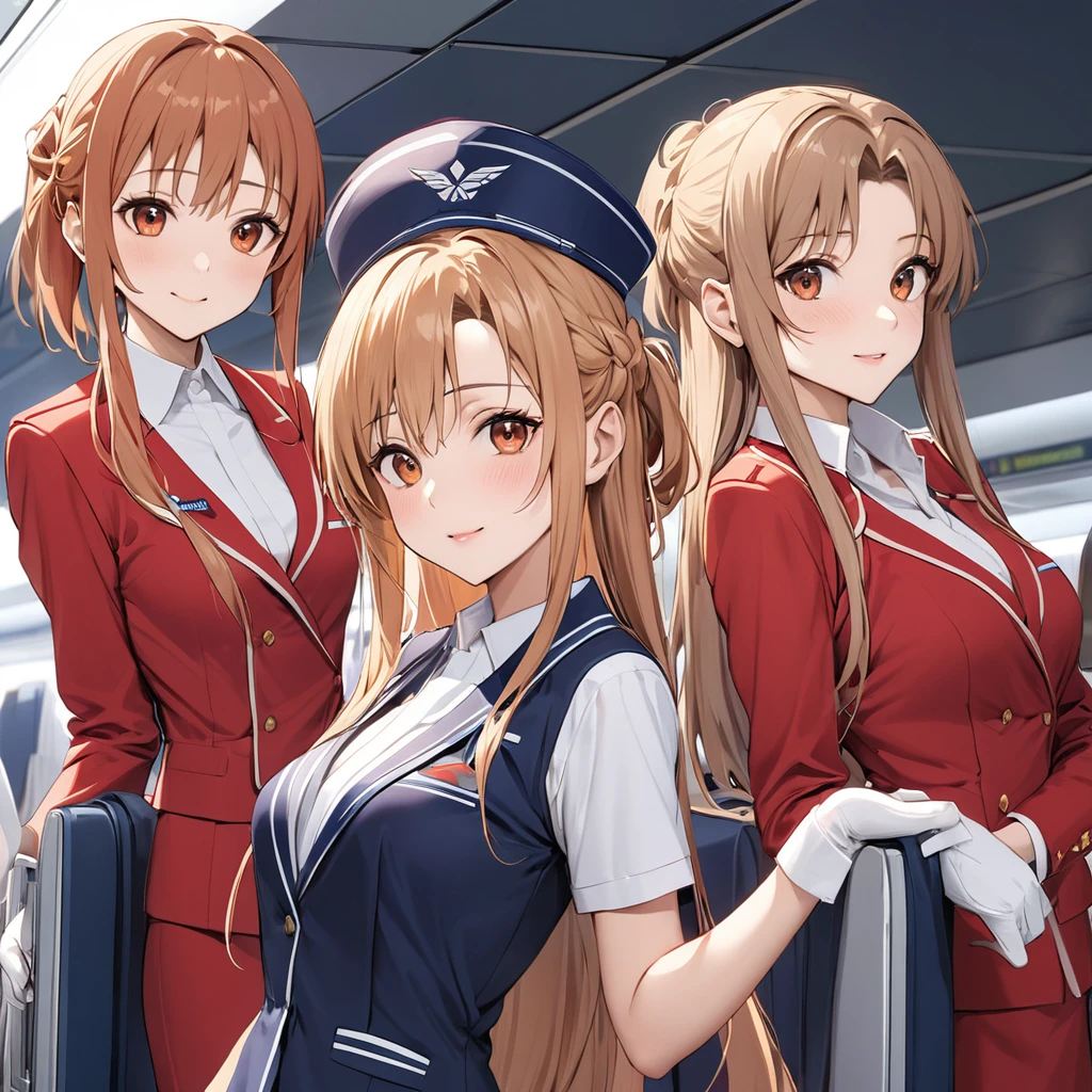 ((Highest quality)), ((masterpiece)), (detailed), （Perfect Face）、The woman is Yuuki Asuna, a flight attendant for Shandong Airlines, a Chinese woman with light brown, medium-long hair.、The woman is wearing a red Shandong Airlines flight attendant uniform, a uniform scarf and a uniform hat.、She is wearing the bright red uniform that is so typical of China.、Flight attendants were photographed gathering in a line.