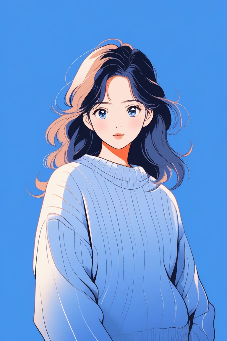 Illustrator, japanese cartoon movies , realistic ,sketch , 1 girl, shining pupils, sweater, blue gradient background, whole body, (masterpiece,best quality), 8k,