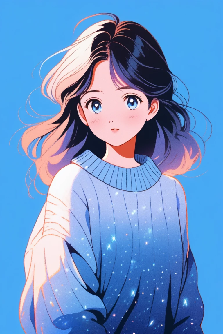 Illustrator, japanese cartoon movies , realistic ,sketch , 1 girl, shining pupils, sweater, blue gradient background, whole body, (masterpiece,best quality), 8k,
