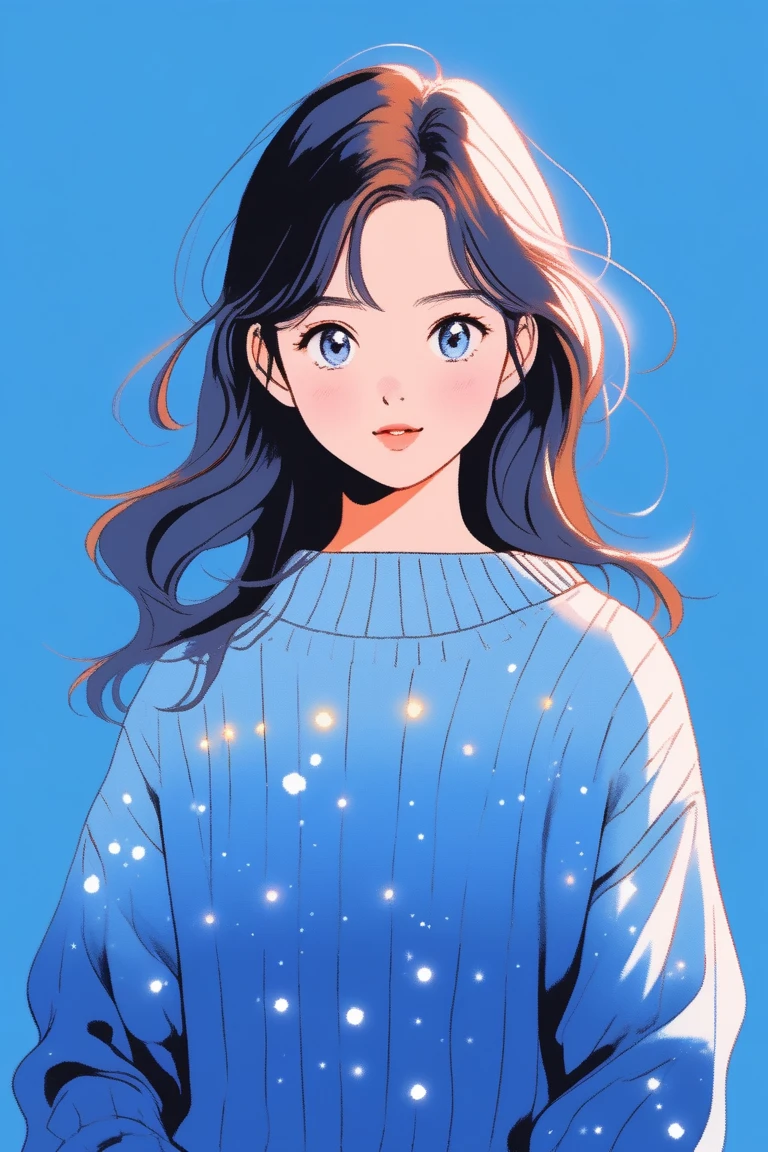 Illustrator, japanese cartoon movies , realistic ,sketch , 1 girl, shining pupils, sweater, blue gradient background, whole body, (masterpiece,best quality), 8k,