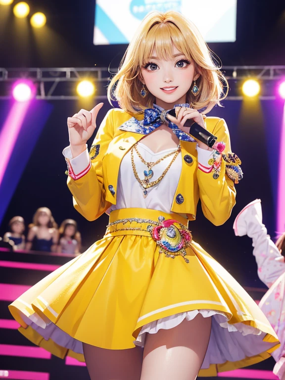 (Highest quality、 8k 、masterpiece、High resolution)、Full Body Shot、15 year old girl、Idol、Mascot Girl、Cute smile、Pretty lips、Light Hair Color、Long Bob、Adorable eyes、Dancing with a smile、Outdoor Stage、AKB48 Costumes、Realistic、Vibrant colors、Official Art、Detailed CG、Professional Lighting、Professional photographer、