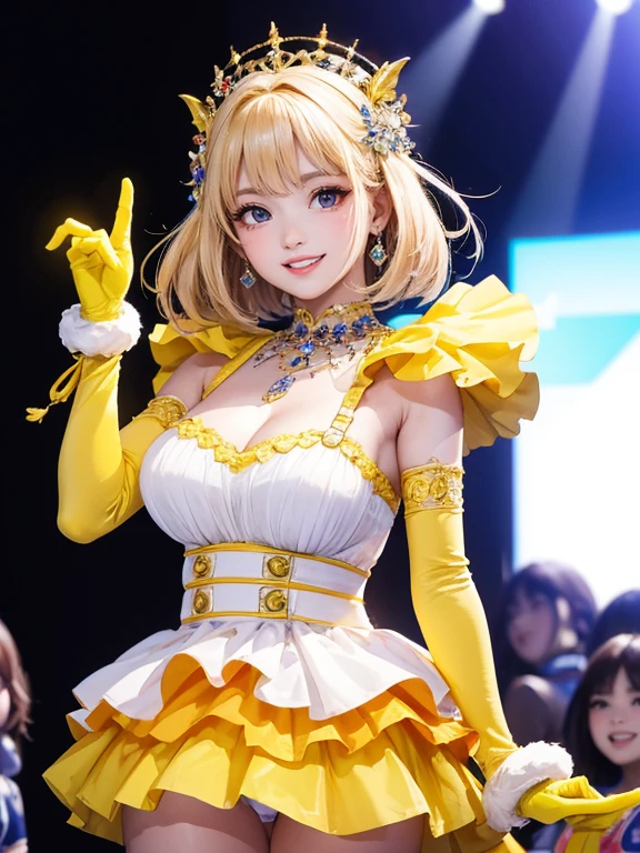 (Highest quality、 8k 、masterpiece、High resolution)、Full Body Shot、15 year old girl、Idol、Mascot Girl、Cute smile、Pretty lips、Light Hair Color、Long Bob、Adorable eyes、Dancing with a smile、Outdoor Stage、AKB48 Costumes、Realistic、Vibrant colors、Official Art、Detailed CG、Professional Lighting、Professional photographer、
