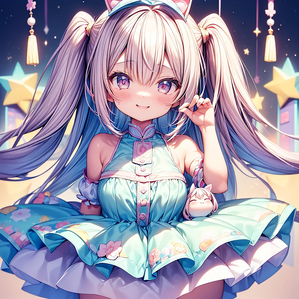 ちび、かわいい、((NSFW:0.9),masutepiece, (1girl in),3-year-old innocence、poneyTail、 Idol,Looks fun with a big smile, ((upper body closeup)), Big eyes, It seems that the eyes are shining、Kawaii Tech, kawaii, Cute, Pastel colors,Hair color is pastel、 (Best Quality), Happy,Deep background, Symmetrical, Head Tilted,The composition should exude sensuality and innocence、An ultra-high picture quality、Dynamic Angle