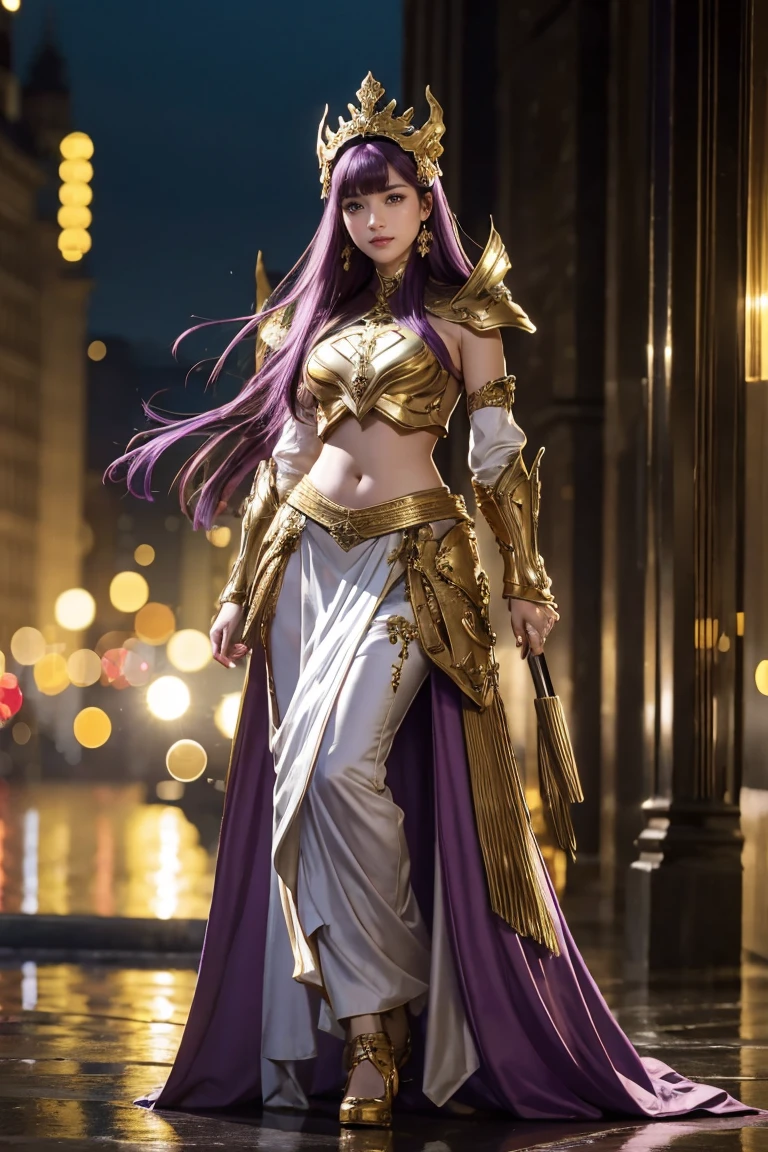 Practical, photo-Practical:1.37),(8K, RAW photo, best quality, masterpiece:1.2), best quality, photo, Nikon Camera, 35mm lens, Purple Hair, Brown eyes :1.1), 1 Girl, Smile, 30 years old, Royal sister, Hair bangs, Long hair, (cleveage:1.2), Background palace,abstract, Looking at the audience,(Depth of Field, Blurred background, Bokeh:1.3), 金牛座armor, Bright,full,armor, golden shinning armor, reflection armor, Wearing a Taurus Helmet, Helmet big,Bright,whole(极Bright的背光:1), Ultra wide angle, Dynamic Angle, Brown eyes, Enchanting, Extremely detailed, Physically Based Rendering, Ultra-high resolution, , Looking at the audience, Showing belly,Standing full body front,Exposed feet,Solitary, best quality, Extremely detailed face, Extremely detailed eyes and face, Beautiful and delicate eyes, Ridiculous
