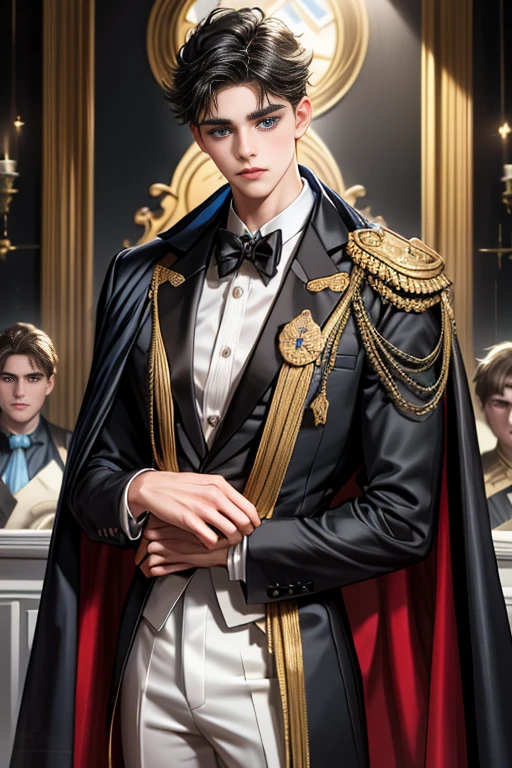 masterpiece, 最high quality, high quality, 1 boy, alone, Male focus, Watching the audience, Messy black hair, Adorable big blue eyes, White, Noble, Noble,A sexy, voluminous, puffy cape、tuxedo、A very voluminous, large, very large, very large, long, long red and black cape with a high stand-up collar, made of a lot of fabric that reaches down to the floor., 17 years old,Cute beautiful boys,Cute, cute, kind, handsome guy