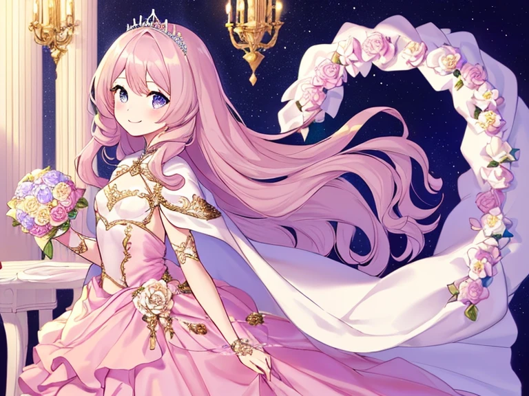 (best quality),(rococo style),(long train pastel pink cape:1.15), very long cape,(long train white ball gown with flower decorations:1.1), a girl is wearing a cape over her gown, 1 little princess, tiara, smile, very long hair, small breasts, looking at viewer