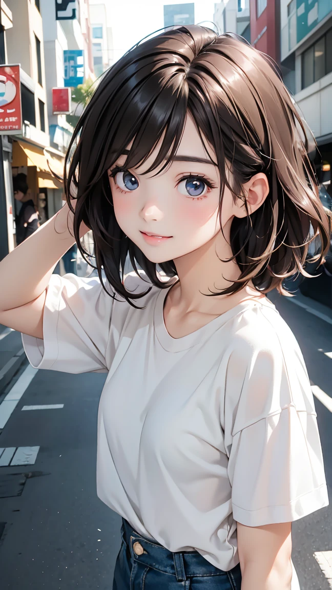 pieces fly、highest quality、figure、small details、High resolution、8K Wallpaper、Perfect dynamic composition、detailed and beautiful eyes, casual wear t - shirt & sort 、medium hair、small breasts、Natural color lip、simple pose、shy smile、harajuku style、20 year old anime girl、cute type、Sexy shot looking at camera、