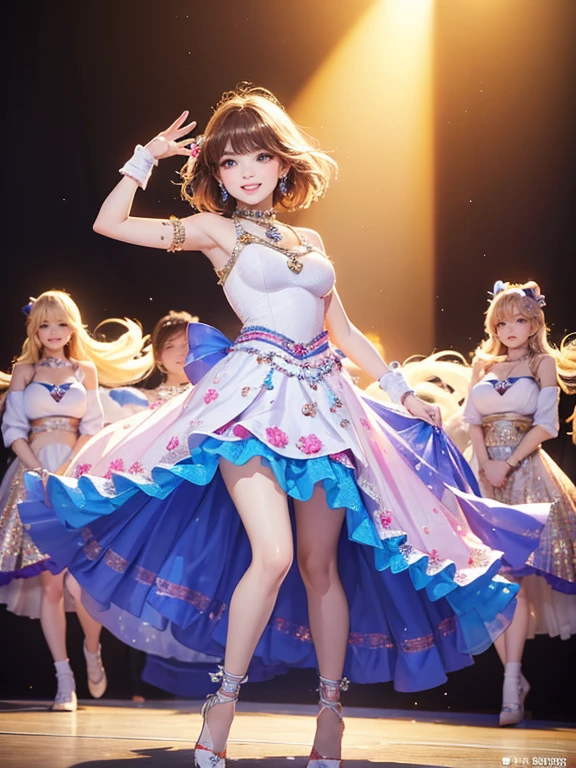 (Highest quality、 8k 、masterpiece、High resolution)、Full Body Shot、 girl、Idol、Mascot Girl、Cute smile、Pretty lips、Light Hair Color、Long Bob、Adorable eyes、Dancing with a smile、Outdoor Stage、AKB48 Costumes、Realistic、Vibrant colors、Official Art、Detailed CG、Professional Lighting、Professional photographer、