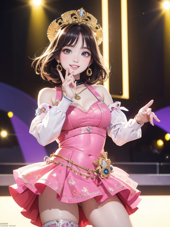 (Highest quality、 8k 、masterpiece、High resolution)、Full Body Shot、 girl、Idol、Mascot Girl、Cute smile、Pretty lips、Light Hair Color、Long Bob、Adorable eyes、Dancing with a smile、Outdoor Stage、AKB48 Costumes、Realistic、Vibrant colors、Official Art、Detailed CG、Professional Lighting、Professional photographer、