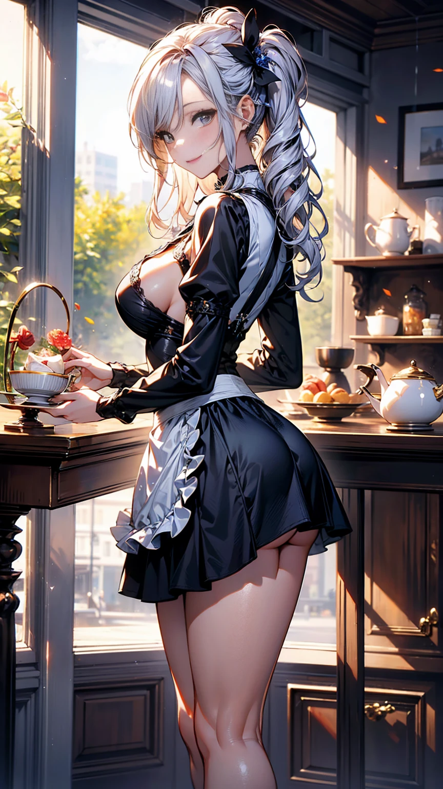 (masterpiece, Highest quality), (Ultra-high resolution, 8K RAW Photos, Photorealistic:1.5, Fabric Shading, Thin contours), Beautiful mature woman preparing a tea party in the garden, (Tea set, you can, Tea cup, Some cakes on a plate), Gothic Table, 伝統的なダークブラウンのMaid clothesを着用, Maid clothes:1.2, Long Flared Skirt, apron, tall and leggy, Long white hair, Wearing borderless grass, (Mature Woman:1.5, 28 years old, alone), (Large Breasts, Saggy breasts, big , Tight waist), (Long white hair, Hair on one eye, Updo, Side Lock, Asymmetrical Hair, Wavy Hair), (Bright Eyes, Detailed eyes, A face with attention to detail, perfect face shape, Bloodshot eyes), (A seductive smile, Half-close your eyes), (Looking at the audience:1.3), (Dynamic Angle, Thigh Focus, From side to bottom:1.2), ((Correct Anatomy:1.5, The right move)), (Ideal body proportions), Outdoor, Glass Garden,
