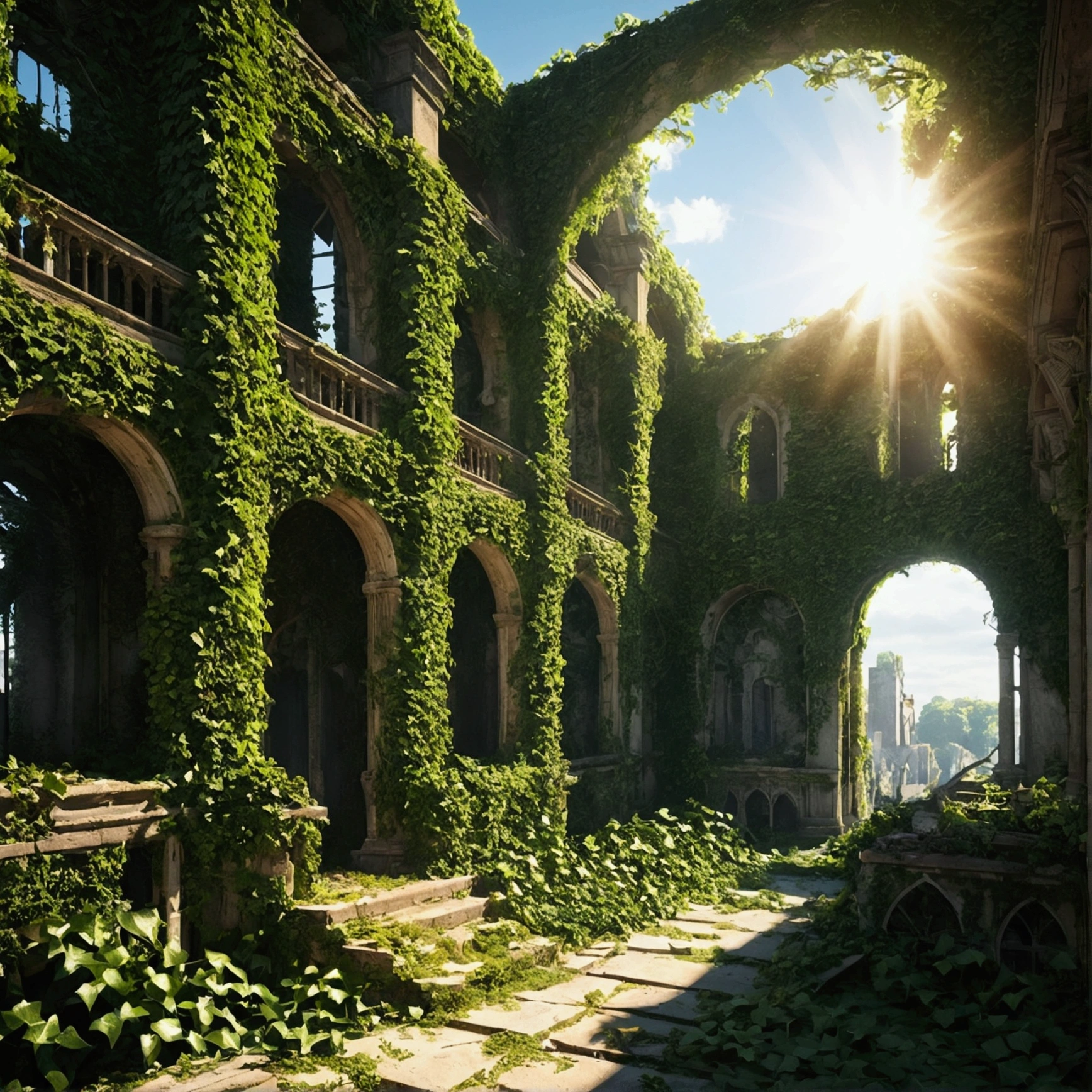 Ivy-covered ruins Dystopia Bright sun