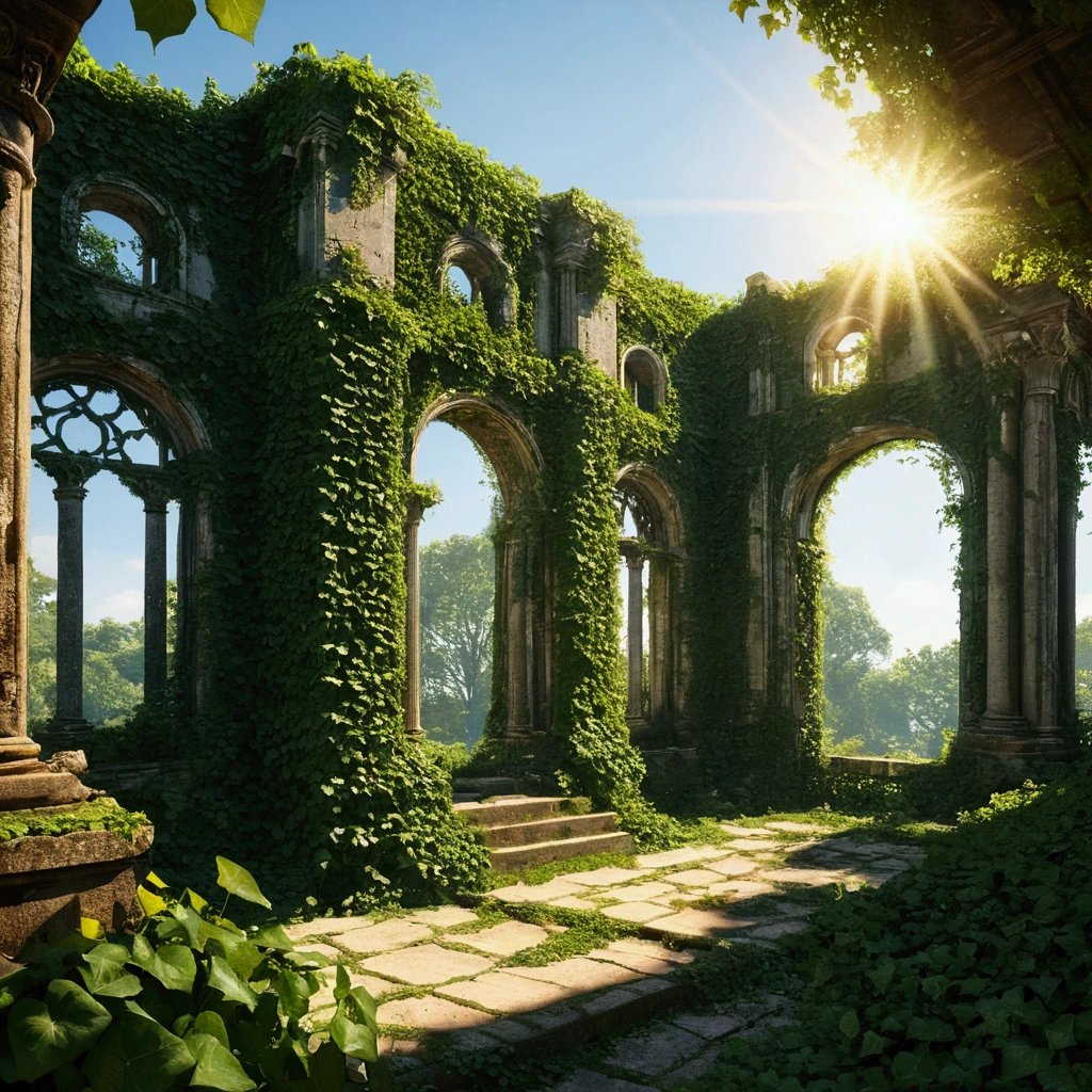Ivy-covered ruins　Dystopia　Bright sun