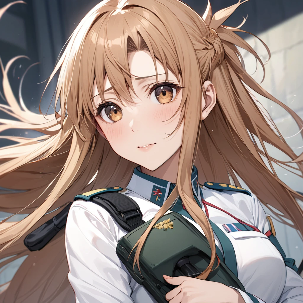 ((Highest quality)), ((masterpiece)), (detailed), (Perfect Face)、The woman is a female member of the Japanese Self-Defense Forces, Yuki Asuna, with light brown semi-long hair.