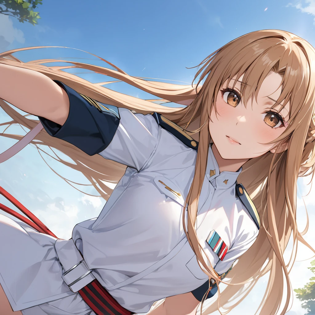 ((Highest quality)), ((masterpiece)), (detailed), （Perfect Face）、The woman is a female member of the Japanese Self-Defense Forces, Yuki Asuna, with light brown semi-long hair.