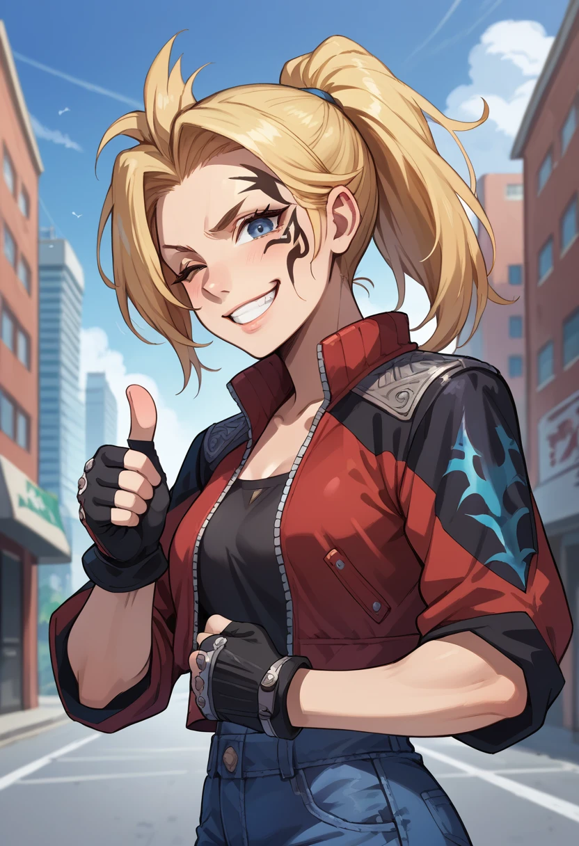 score_9, score_8_up, score_7_up, 1girl, solo, (female:1.5), female focus, female body, solo, zell, solo, blue eyes, gloves, jacket, blonde hair, long hair, medium ponytail, tattoo, gloves, facial tattoo, red jacket, black jacket, two-colours jacket, black shirt, fingerless gloves, denim, standing, grin, winking, single thumbs up, looking at you, city,