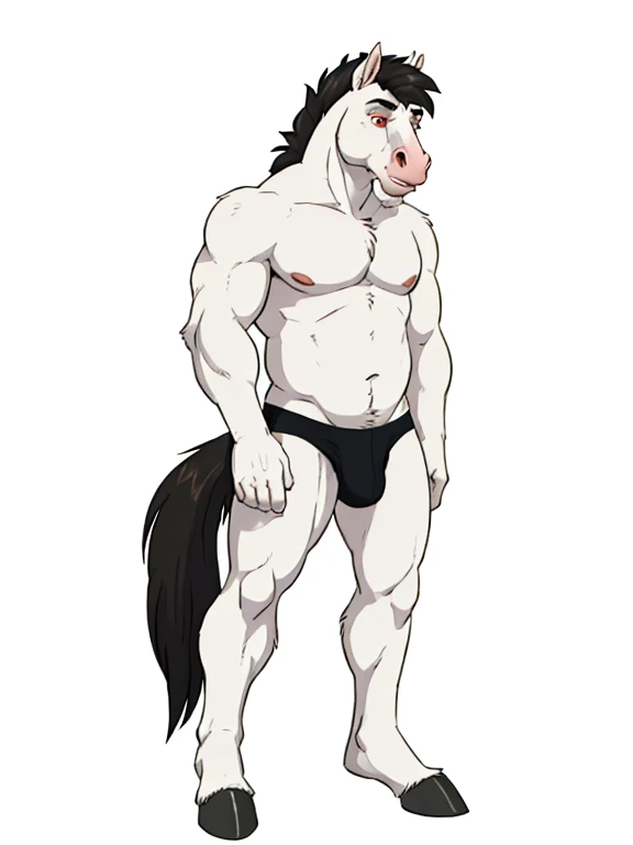 anthro ((male)) horse ((horse)) 4k, high resolution, best quality, posted on e621, solo, anthro body, male, mature male, correct anatomy, (white background), (by wfa:1), (cel shaded, cartoony shading:1.2), black lineart, black outline, flat coloring, ((fullbody)), score_9,score_8_consolation,score_7_consolation,score_6_consolation,score_5_consolation,score_4_consolation, solo anthro furry, tall horse, handsome horse, white fur, white ears, red eye, whole body