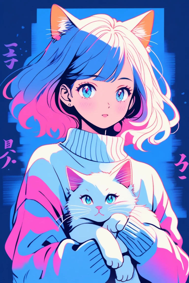 Illustrator, japanese cartoon movies , realistic ,sketch , 1 girl, shining pupils, sweater, blue gradient background, Neon Hair,textured trim, cat, (masterpiece,best quality), 8k,