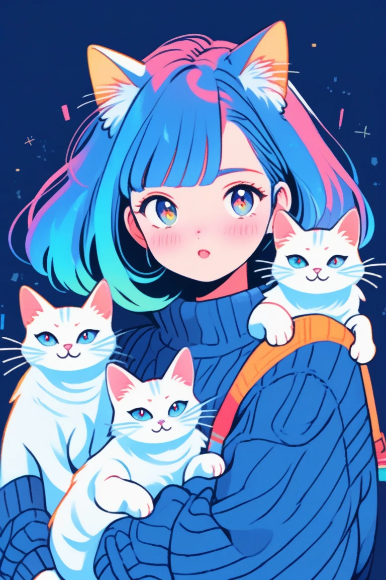 Illustrator, japanese cartoon movies , realistic ,sketch , 1 girl, shining pupils, sweater, blue gradient background, Neon Hair,textured trim, cat, (masterpiece,best quality), 8k,