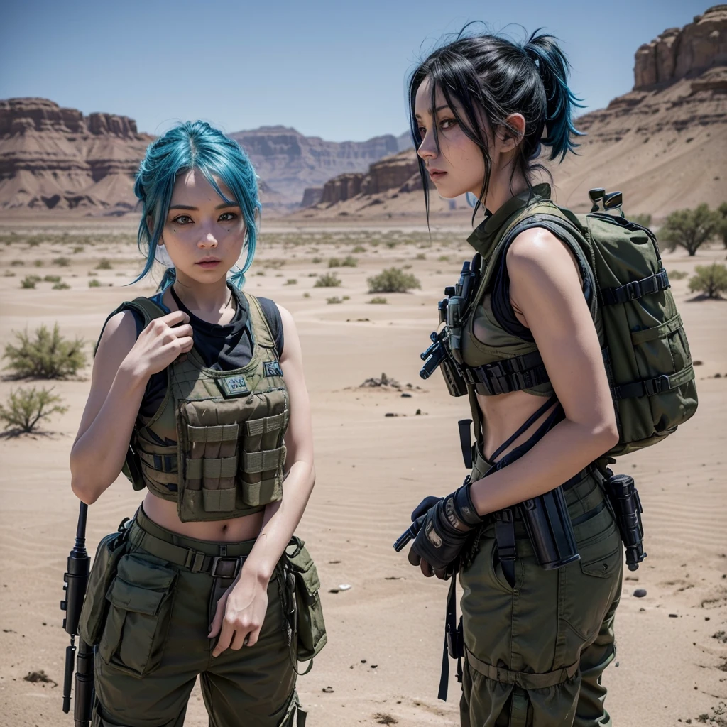 Blue haired woman, greeneyes, holding a machine gun, wearing combat vest, very well equipped, lurking, with grenades on the waist, a war scenario in the middle of a desert, with a backpack on your back