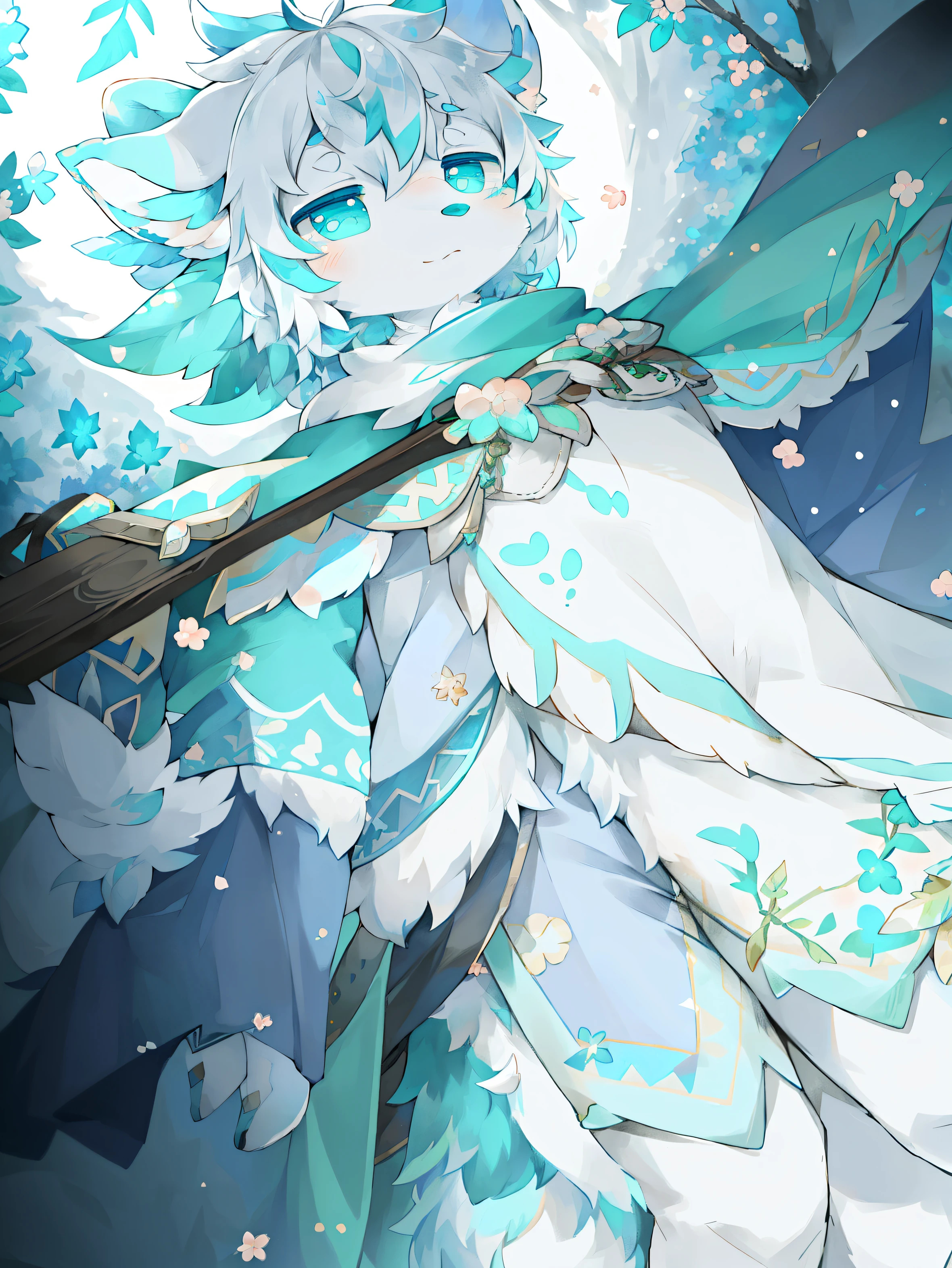 magic，Leaves and ice flowers，Furry dogs，Dog，Cyan eyes，White hair，Color difference clothes，Hairy all over，Feather cape，socking，Peach Blossom Seal,background，A firm demeanor，Super cute face，Using magic，Lighting environment，artwork，Detailed eyes，Detailed face，beautiful eyes，masterpiece,individual