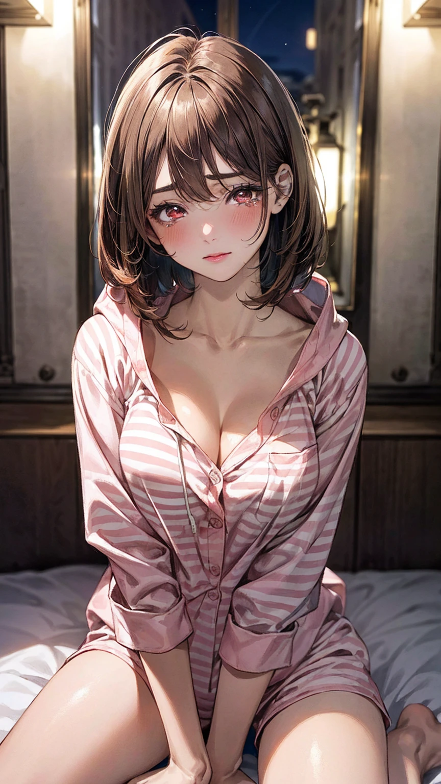 (masterpiece:1.3, top quality, ultra high resolution, very detailed), (realistic, photorealistic:1.4), beautiful picture, perfect lighting, natural light, fancy, depth of field, surrealism,
beautiful and delicate hair, Beautiful and detailed face, beautiful and delicate eyes, beautiful collarbone, beautiful body, beautiful , beautiful thighs, beautiful bridge, beautiful fingers, glowing skin, baby face,
looking at viewer, (face focus, upper body), 1 girl, Japanese, High school girls, (complete anatomy, anatomically correct, Super Detail Skins), cute and symmetrical face, perfect face, perfect eyes,
(medium hair, bob cut, straight hair, copper colored hair), sweeping bangs, brown eyes, droopy eyes, big eyes, long eyelashes, (big bust:1.2, Seductive thighs), slim, outstanding style,
((detailed cloth texture, closed clothes, Pink Striped Hooded Pajama Top, pink striped pajama shorts, bare legs)),
(beautiful scenery), night, in the dark, (bedroom), (all four feet), (Incoming kiss, closed eyes, tear),