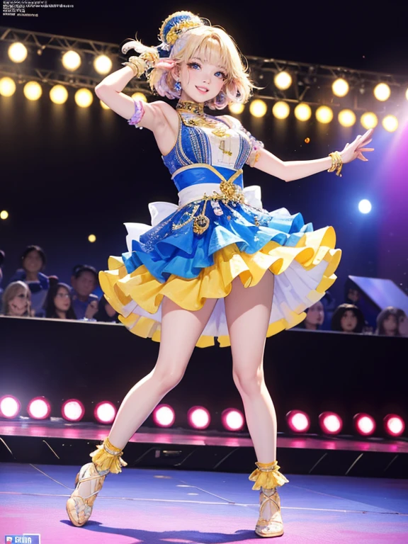 (Highest quality、 8k 、masterpiece、High resolution)、Full Body Shot、15 year old girl、Idol、Mascot Girl、Cute smile、Pretty lips、Light Hair Color、Long Bob、Adorable eyes、Dancing with a smile、Outdoor Stage、AKB48 Costumes、Realistic、Vibrant colors、Official Art、Detailed CG、Professional Lighting、Professional photographer、