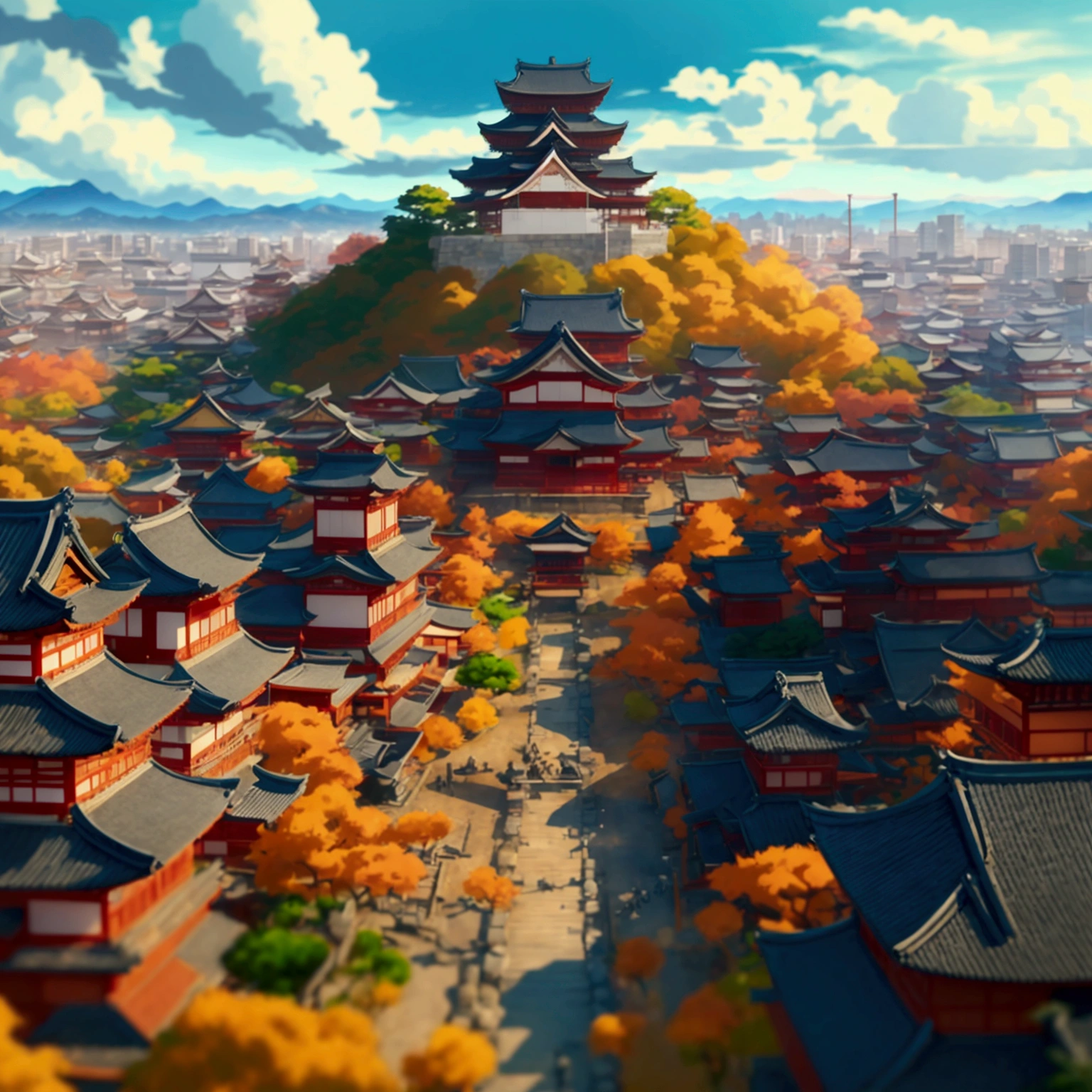 I want a huge ancient Japanese city from the Taisho era, I want a bird&#39;s eye view of the entire city. captured in an ultra-realistic full HD 4K portrait, detailed texture showing its menacing shape, Immersive atmosphere, high definition shadow play, digitalpainting, nevoa no environment