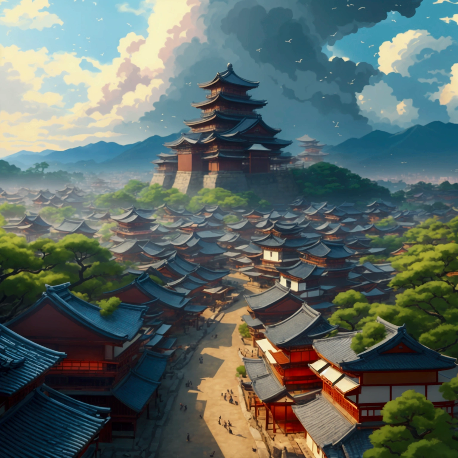 I want a huge ancient Japanese city from the Taisho era, I want a bird's eye view of the entire city. captured in an ultra-realistic full HD 4K portrait, detailed texture showing its menacing shape, Immersive atmosphere, high definition shadow play, digitalpainting, nevoa no environment