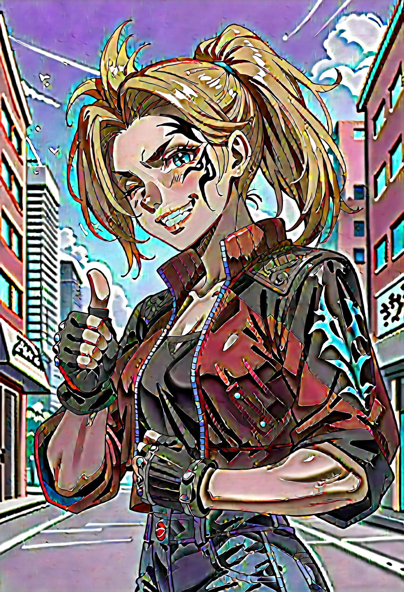 score_9, score_8_up, score_7_up, 1girl, solo, (female:1.5), female focus, female body, solo, zell, solo, blue eyes, gloves, jacket, blonde hair, long hair, medium ponytail, tattoo, gloves, facial tattoo, red jacket, black jacket, two-colours jacket, black shirt, fingerless gloves, denim, standing, grin, winking, single thumbs up, looking at you, city,