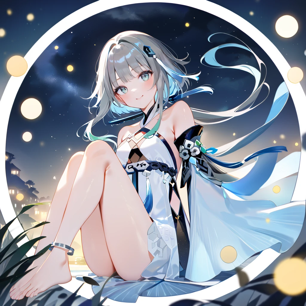 score_9, score_8_up, score_7_up, score_6_up,1girl, guizhong_\(genshin_impact\),(grey hair),short_hair_with_long_locks in front and low ponytail in back,gradient_hair,(pale grey eyes with seafoam gradient),starry_sky_print,detached_sleeves white outside blue starry inside, hands completely hidden by long sleeves,stunning field of softly glowing cerulean and white glaze lilies,night scene,gentle smile,face focus, eye focus,ladyshadow,moonlight,glossy lips,vivid anime coloring,cel shading,smooth, soft dreamy focus,anklet,halter_top,white clothes,highly detailed,digital painting,bare_shoulders,barefoot,cool night tones, magical night scene,bokeh, professional,anemo colored fireflies,nebula of stardust and silvery vapor,harmonious blend of nature and art,transcendent beauty,awe-inspiring artwork,(best quality,4k,8k,highres,masterpiece:1.2),yunamaro,carnelian,dsmile,cosmic stardust,guizhong, guizhong's def clothes, 1girl, long hair, blue eyes, barefoot, guizhong's dress, hair ornament, chinese clothes, sleeves past fingers,