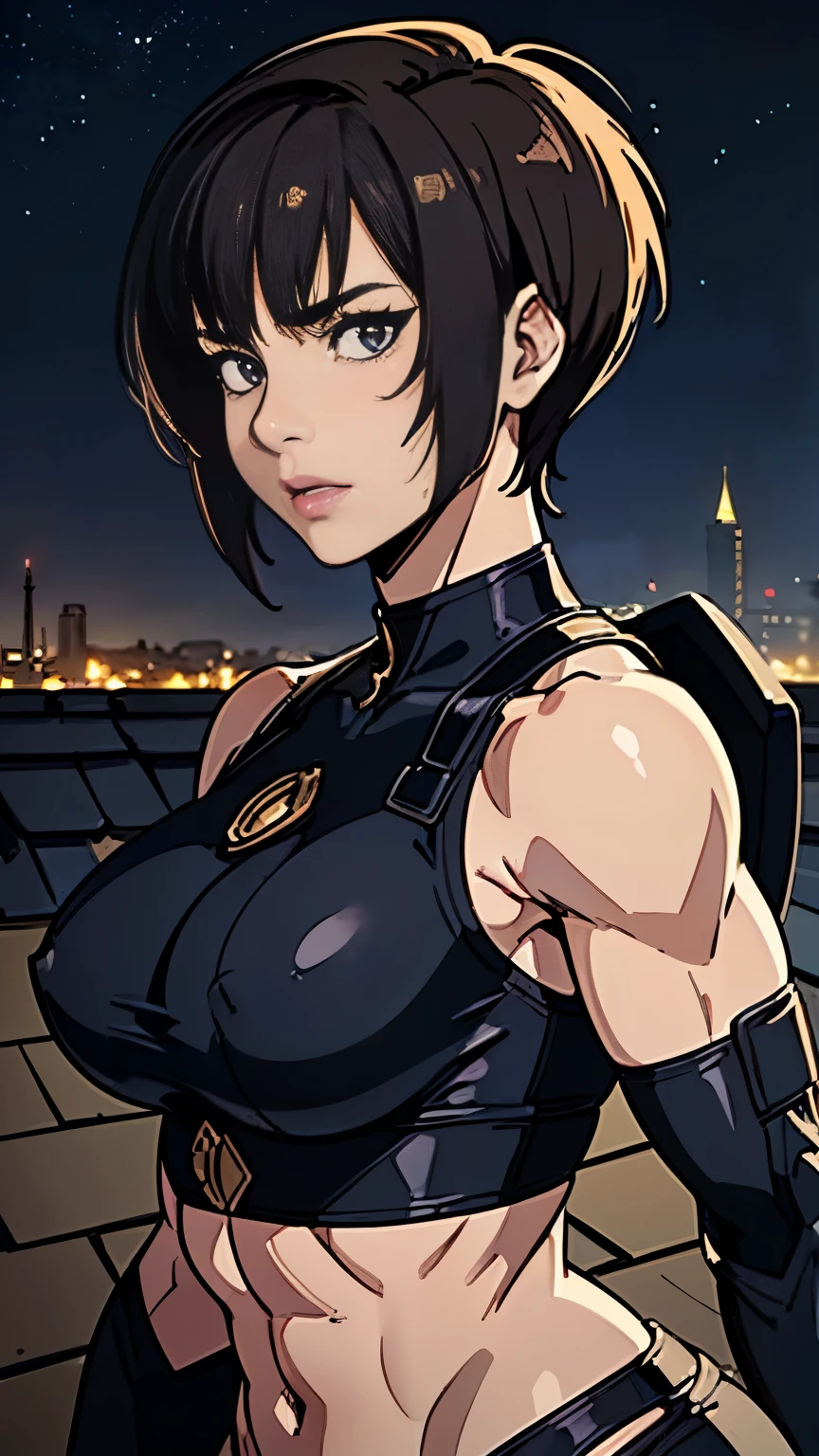 photo of mlp Meowko, RAW, beautiful woman, ((portrait)), ((detailed face:1.2)), ((anime face, anime facial feature, clear skin, glossy anime lips, clear skin), (short messy lesbian haircut, brunette: 1.55), (perfect proportioned body, Strong, muscular, narrow waist, narrow hips, skinny, large breasts), arched back, (revealing clothing, wearing a dark armor, full black armor), (Castle rooftop, ancient midnight Castle, stary sky), (realistic photo, best quality, detailed), (8k wallpaper), (cinematic lighting, beautiful light, (night:1.3)) (sharp focus, intricate)