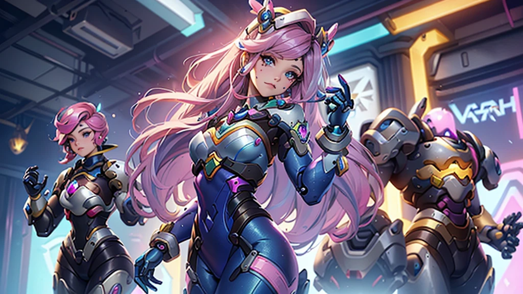 best qualityer，Masterpiece artwork，Final resolution，Soft，extremely colorful，de cor，Mermaid princess，(d.Go to Overwatch wearing your original blue suit:1.4)，black suspender stockings，Starry Android!,8K more detailed.engine unreal:1.4,uhd,La best qualityer:1.4, photorrealistic:1.4, texture skin:1.4, Masterpiece artwork:1.8,Masterpiece artwork, best qualityer,object object], (detailed facial features:1.3),(Blue robotic laboratory:1.4),(long pink hair:1.4),（descrição bonita e detalhada dos olhos）,(hands:1.4)