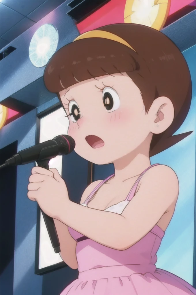 a beautiful idol girl hoshinosumire singing on stage, 1980s retro art style, 1990s style, detailed facial features, long eyelashes, detailed dress, cute expression, audience watching, best quality, 4K, 8k, highres, masterpiece, ultra-detailed, realistic, photorealistic, vivid colors, studio lighting, sharp focus, physically-based rendering, Full body images, Singing without a microphone, 5 heads and a good figure, Make your breasts a little bigger,Expression full of pleasure,In a sexier outfit