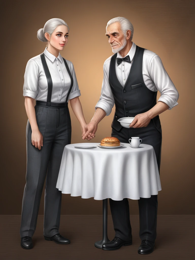 1old man, waiter lady, full full body,