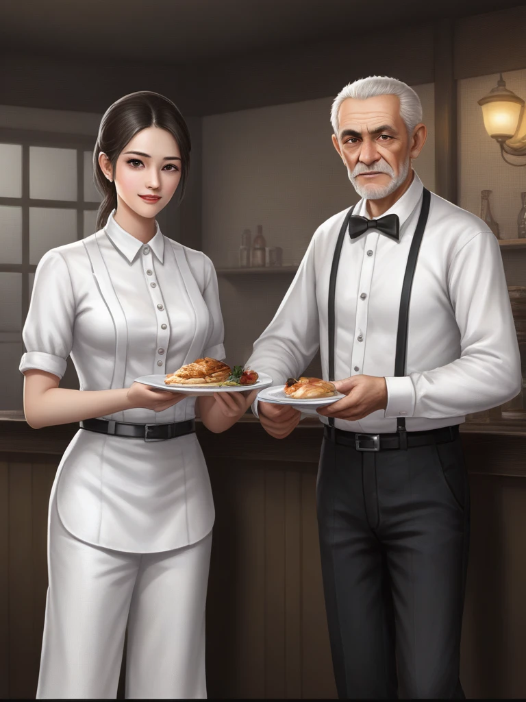 1old man, waiter lady, full full body,