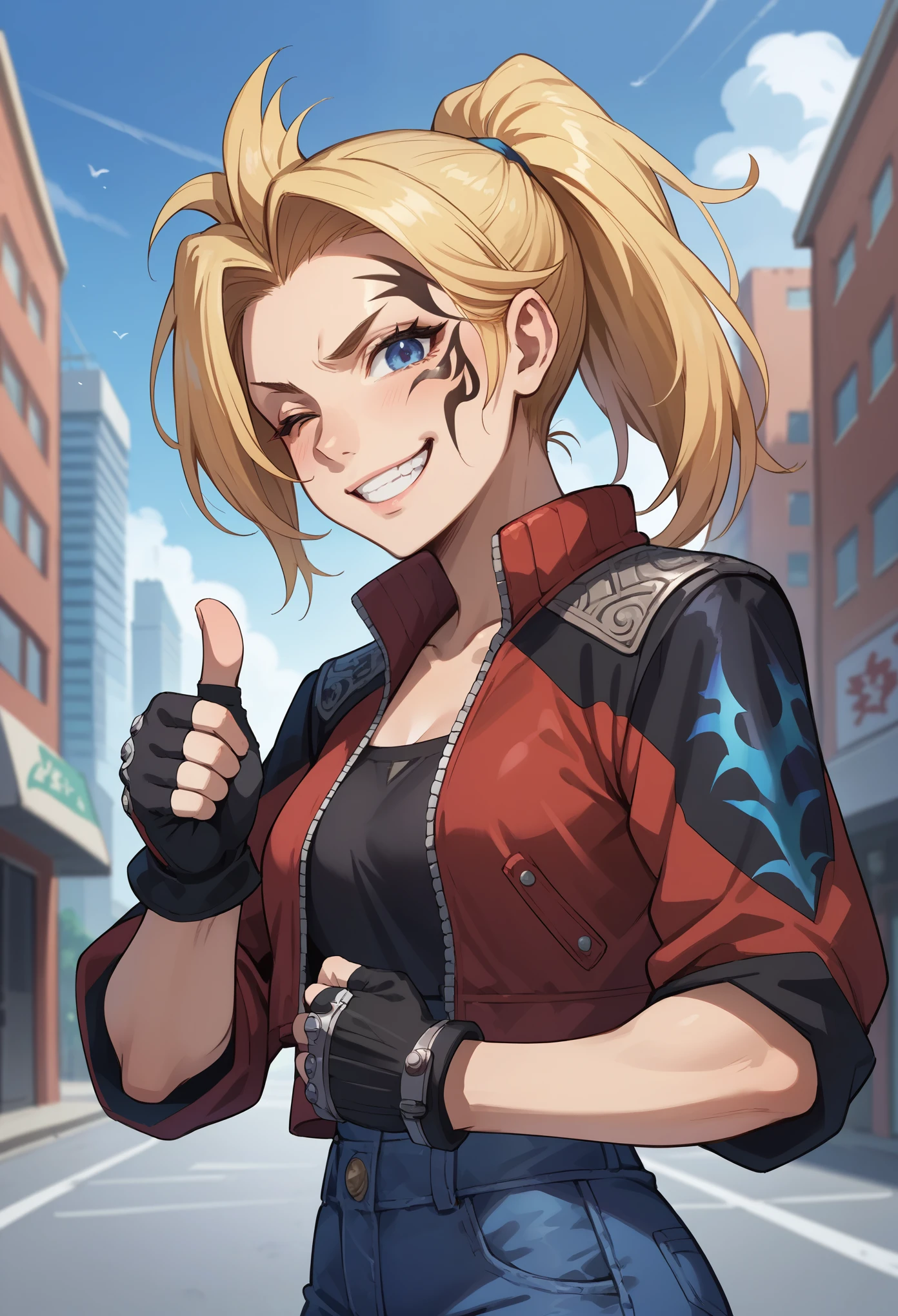 score_9, score_8_up, score_7_up, 1girl, solo, (female:1.5), female focus, female body, solo, zell, solo, blue eyes, gloves, jacket, blonde hair, long hair, medium ponytail, tattoo, gloves, facial tattoo, red jacket, black jacket, two-colours jacket, black shirt, fingerless gloves, denim, standing, grin, winking, single thumbs up, looking at you, city,