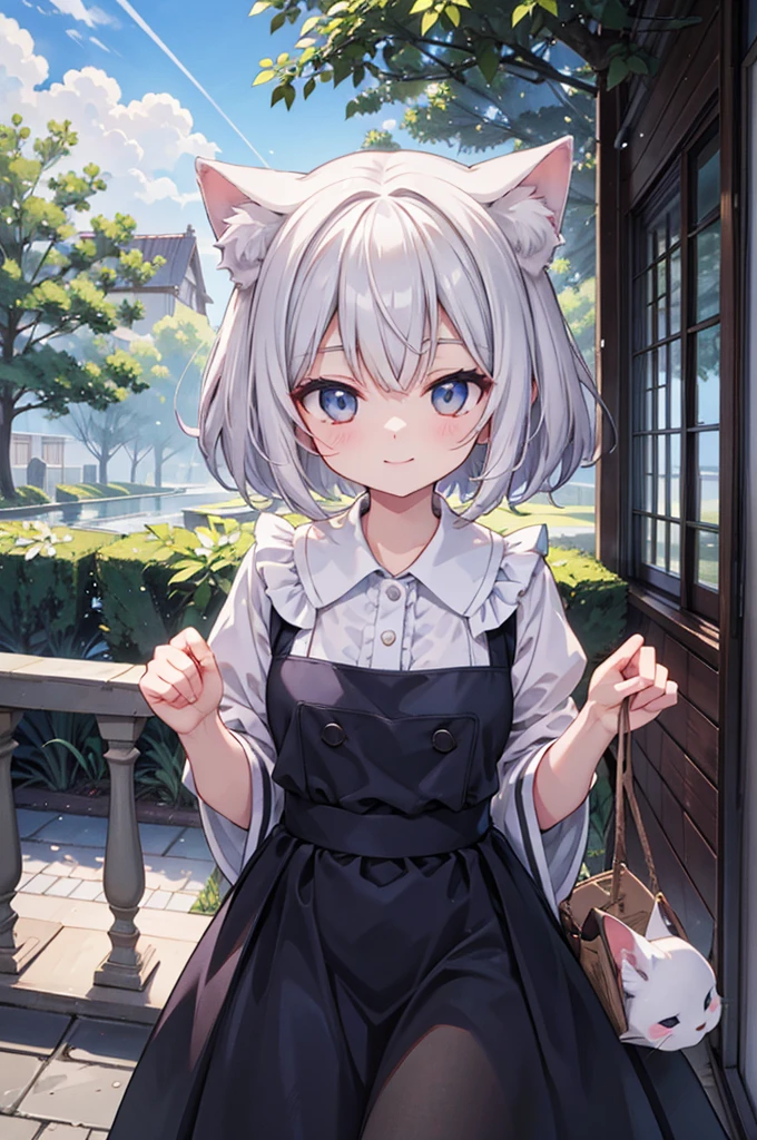 anime style, super fine illustration, highly detailed, dynamic angle, beautiful detailed, 8k, Summer afternoon in the garden, BREAK A dog smiles as it peeks out of a box. BREAK A shower of sprinklers pours down. BREAK A rainbow appears in the sky.BREAK maid,white cat years,girl,short hair,BREAK she is seeing for viewer.