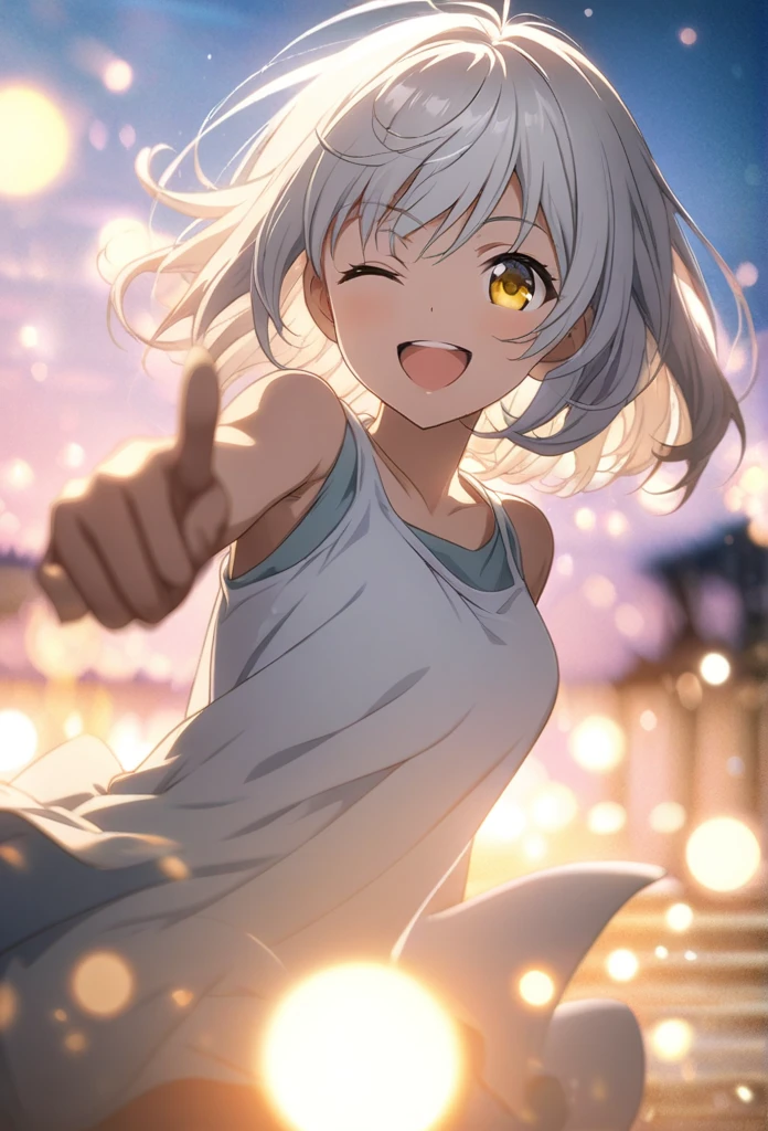masterpiece, Highest quality, Highly detailed CG Unity 8K wallpapers, High School Girl Anime Illustration. Wear an oversized tank top、Love Dance Solo, Pointing index finger, she has her eyes closed and mouth open, smile. The background is a light pastel colored landscape.., white hair color, Yellow Eyes, bokeh photography, (soft focus):1.2, out-of-focus highlights, dreamy ambiance, glowing circles, mesmerizing depth, The background is realistic