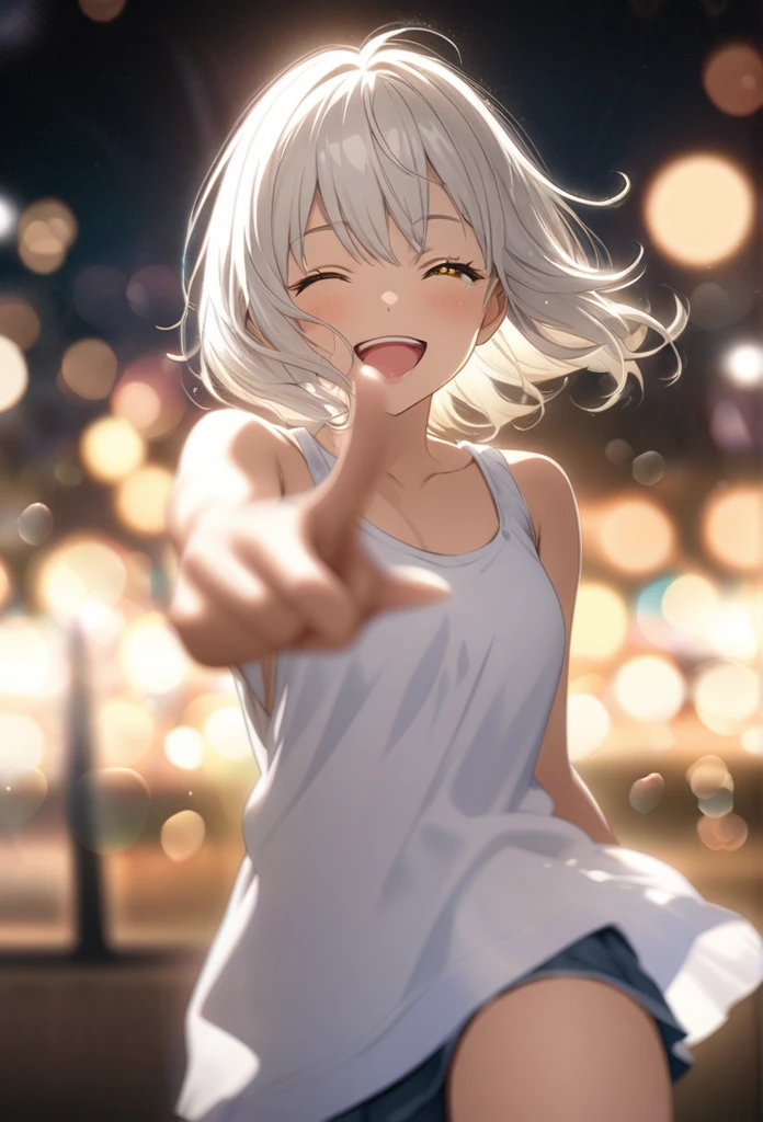 masterpiece, Highest quality, Highly detailed CG Unity 8K wallpapers, High School Girl Anime Illustration. Wear an oversized tank top、Love Dance Solo, Pointing index finger, she has her eyes closed and mouth open, smile. The background is a light pastel colored landscape.., white hair color, Yellow Eyes, bokeh photography, (soft focus):1.2, out-of-focus highlights, dreamy ambiance, glowing circles, mesmerizing depth, The background is realistic