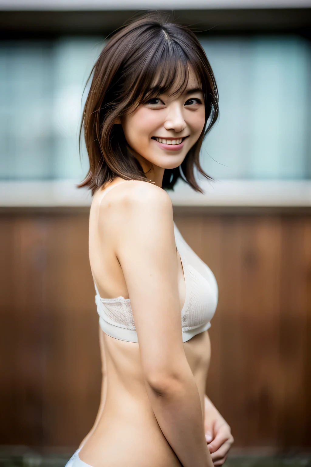 (Hyper Reality: 1.35), (Realistic: 1.4), A beautiful Japanese woman, smile, alone. (((No makeup))), masterpiece, 最high quality, high quality, alone, Very good, puberty, Only one girl, ((Perfect body)),((最high quality)),((Hello)),((Very delicate and beautiful)),((Very shallow depth of field)), family friendly, ((Very delicate and beautiful)), (((Very shallow depth of field))), (((Unbelievably absurd))), (((Perfect body))), dark brown hair, blowing boyish bob hair, shag messy hair, wolf cut, big hair,  Slim body type,  (((small ))), (((A happy and wonderful smile))), poor, my + background, Dynamic Angle, Focus on the woman&#39;s eyes, {Particles of light}, Detailed background, Soft lighting, (dramatic), sunset, very beautiful sunset, Live Action, Realistic, cute smile, (blurred background), ((())),, ((wind)), ((Movement)), ((emotion)), ((colorful)), ((Baby Face:1.4)), ((Beautiful Teeth)), Wither, sea background,  Impossible Half Top Bikini , (((High neck))), (((No sleeve))), Sideless tops, High neck , (White latex:1.4), (Fishnet tights), No sleeveタートルネック, whole body, knees, (((Underbust))), Side bust, (((Low riseビキニパンツ))), (((Low riseビキニパンツ))), (((Low rise))), (((whole body))),(((Low waist bikini))), Browsing Caution:1.4, BDSM:1.4,